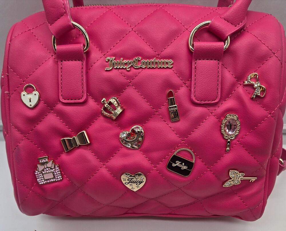 BARBIE HOT PINK Juicy Couture Quilted W Rhinestone Charms Satchel Handbag NEW